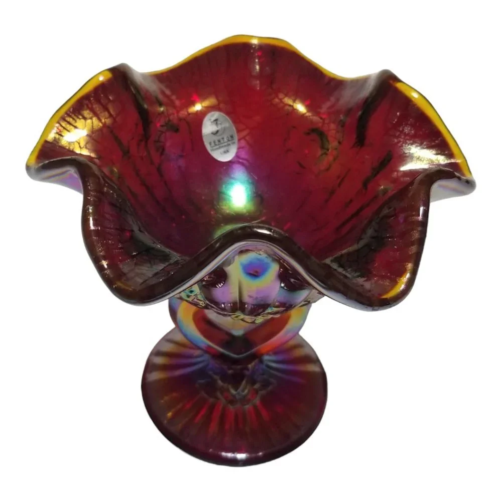 Ruby Red Open-Heart Bowl Rare Fenton's Iridescent Cabbage Rose Art Glass - Picture 2 of 6